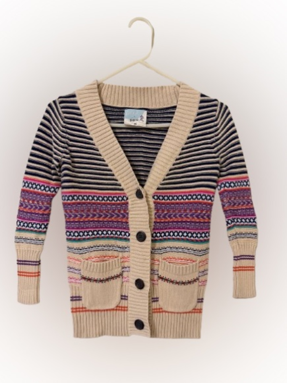 Peek Sgt Fletcher Girls Fair Isle Knit Cardigan Sweater Tan Multicolor Size 6/7